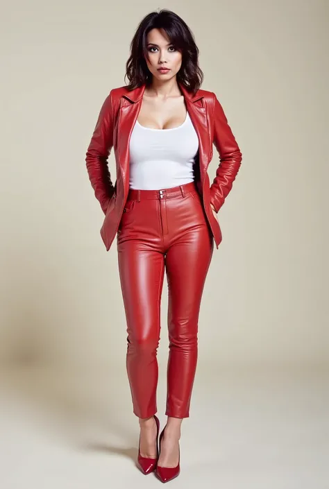 Style realistic
Woman
Age 30
Eyes color grey
Hair style long
Hair color dark
Body type sexy
Breast size medium
Butt size normal
Clothing red leather pants white shirt red leather jacket red heel