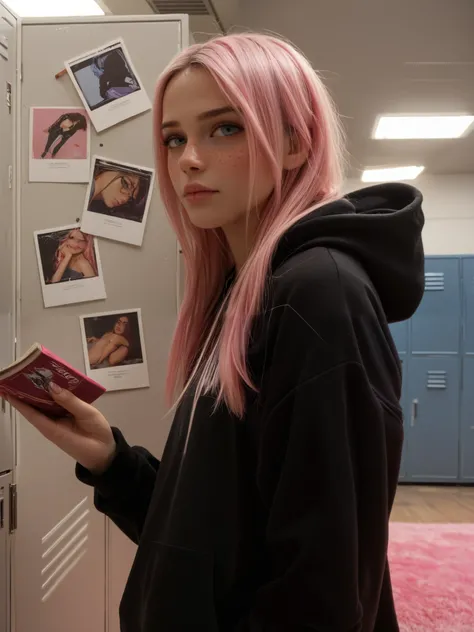 A digital illustration shoot from a front camera angle about a young woman with long pink hair standing in a locker room, holding two photos. she is wearing a black hoodie and has freckles on her face. the woman is standing in the middle of the image, with...