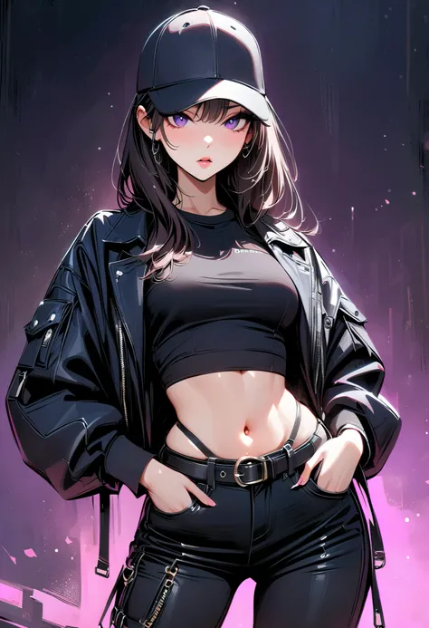 (masterpiece, best quality:1.2), Purple eyes, pink lips , Eyeliner, 1 woman, alone ,  cap  , Navel, waist, black clothes, fashion pants , แมวสีดำบนไหล่
