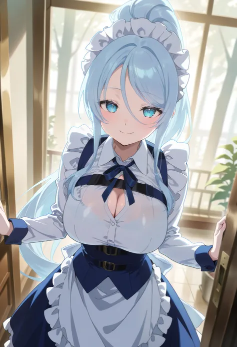 score_9 , score_8_up , score_7_up , score_6_up , source_anime , (masterpiece) best quality, amazing quality, very aesthetic, absurdres, newest, scenery, 1girl, long hair, blue eyes, hair between eyes, light blue hair, high ponytail, sidelocks
maid headdres...