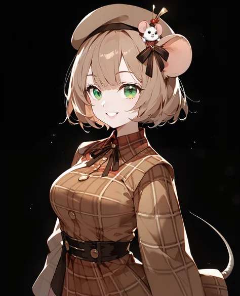 girl,Mouse Ear,light brown hair,in green eyes,,for short hair,, comic dress,big breasts,cute,brown short skirt,Slim legs,With rat tail,Sherlock Holmes series ,black black background,Put on a brown hat,brunette dress ,Long Sleeve Brown Shoulder Robe,ต้นSlim...