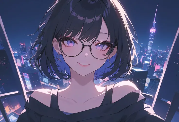 off shoulder, high brightness, one girl, black hair, face up shot,short hair, hip hop style, small breasts, glasses, night, cityscape, flat color, smile, soft lighting, realistic depiction