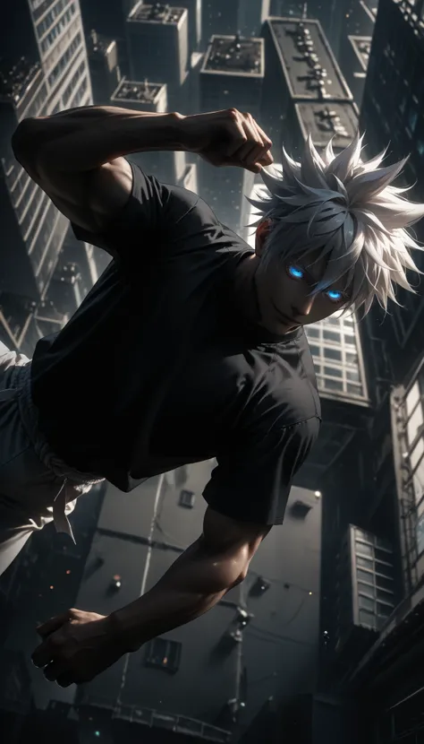 retina, dutch angle, masterpiece, best quality, short hair, 1man, white hair,spiked hair, gojou satoru, blue eyes, colored eyelashes, hair between eyes,white pants, tight black longsleeve, muscles, tight-fitting black T-shirt, сrazy smile, flying over the ...