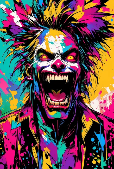 colorful abstract androgynous zombie, bright splashes of paint on his face and hair, Venom's smile,sharp teeth, burning yellow snake eyes, head turn, dynamic pose, spectacular lighting, bright colors, tense facial expression, creepy atmosphere, dark fantas...