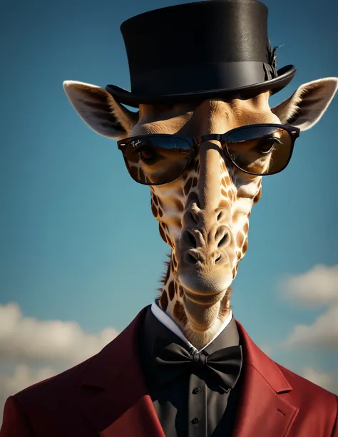 Giraffe wearing Ray Ban sunglasses and a top hat, reflection showcasing another Giraffe with a stylish hat in Benedick Bana-inspired neuro digital art, 35mm studio photography, emphasis on reflection within glasses, sharp focus capturing the intricate fur ...