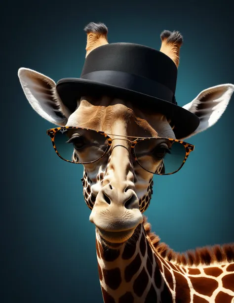 Giraffe wearing Ray Ban sunglasses and a top hat, reflection showcasing another Giraffe with a stylish hat in Benedick Bana-inspired neuro digital art, 35mm studio photography, emphasis on reflection within glasses, sharp focus capturing the intricate fur ...