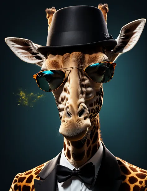 Giraffe wearing Ray Ban sunglasses and a top hat, reflection showcasing another Giraffe with a stylish hat in Benedick Bana-inspired neuro digital art, 35mm studio photography, emphasis on reflection within glasses, sharp focus capturing the intricate fur ...