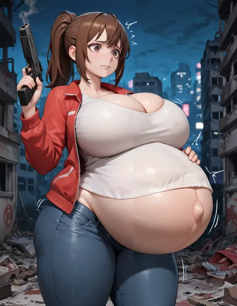 1girl, solo, masterpiece:1.2, (best quality), extremely delicate and beautiful, 8k, brown hair, ponytail, brown eyes, red jacket, ((white shirt)), jeans, stressed, worried, massive breasts: 1.0, thick thighs, cleavage, hyperpregnant, belly kicks, holding g...