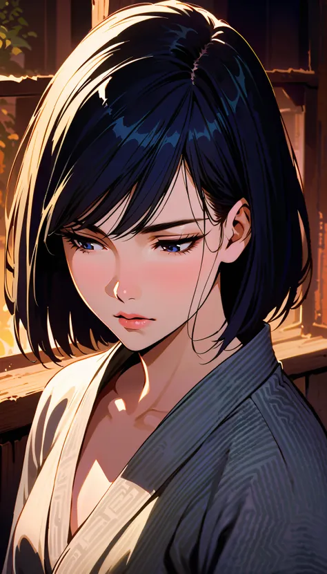 vintage movie, girl, short hair, navy hair, straight hair, woman body, solo
, hyuga clan, shinobi village, konohagakure, (((perfect lips))), perfect hair, looking down, shy, melancholic, ((young)), ((19 years old))