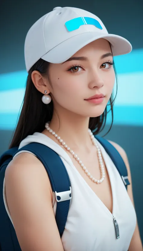A realistic anime-style portrait of a single girl with long black hair, wearing a gray baseball cap. She has brown eyes, a beauty mole near her nose, and a subtle lip piercing. She gazes directly at the viewer with a soft, confident expression. She’s weari...
