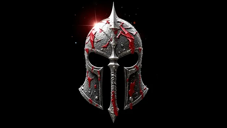 corporate_logo, black_background, gothic_styled, silver_bloodstained_warhammer super imposed on the forehead of a crushed helmet. Gothic barbarian look and feel