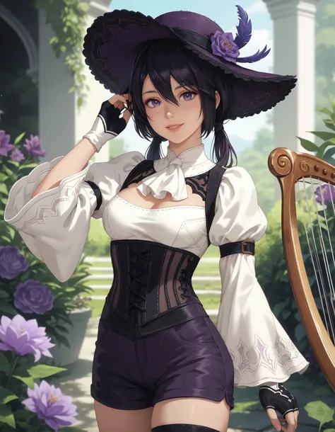 score_9, score_8_up, score_7_up, source_anime, anime_screencap, solo, nier2b, 1girl, purple eyes, detailed eyes, lips, smile, white ascot, wide sleeves, long sleeves, white shirt, feather hat, hat, purple hat, low twintails, medium hair, hair between eyes,...