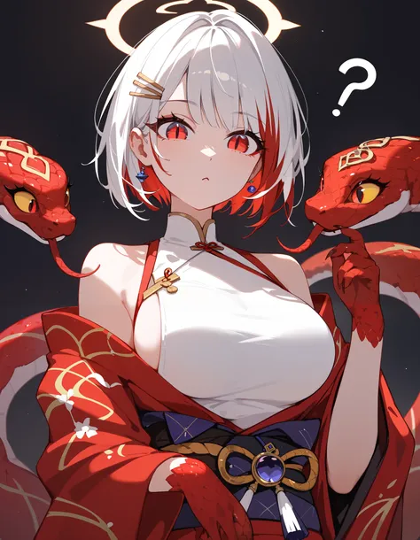 girl,White hair,beautiful face,Snake Woman,Kimono、with 1 snake、 personal illustration 、for short hair, Villain , multi colour hair,red hair,in red eyes,White Sleeveless Top,long sleeve kimono,big breasts,Slim Gold Hairpin,halo,RED SNAKE,Confused,cute