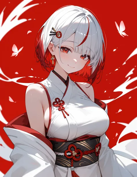 1 person,girl, white hair,Kimono,for short hair, multi colour hair,red hair,in red eyes,White Sleeveless Top,long sleeve kimono,big breasts,Slim Gold Hairpin,light red background,smile,shy,Shy