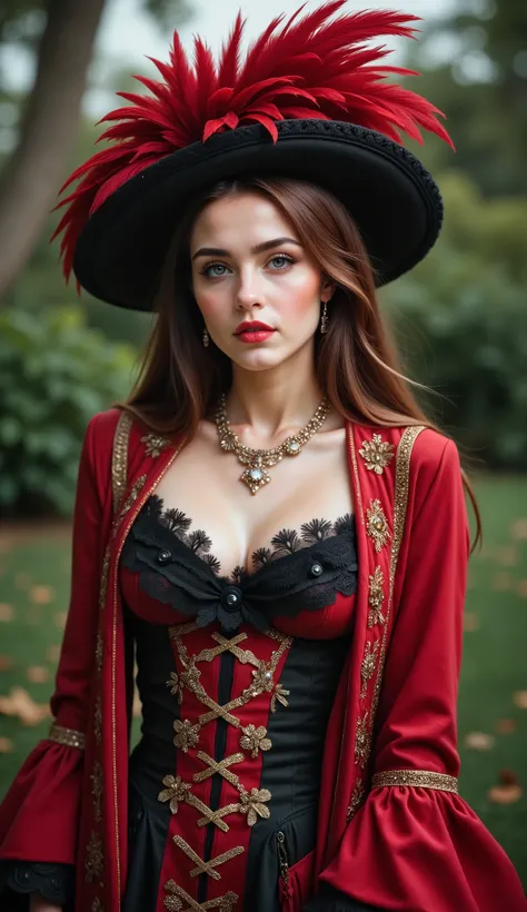 The full height of a beautiful girl with a gorgeous figure 30-37 years old, she is a countess , walk in the palace garden , plump lips, red lipstick , precious necklace , on my head a luxurious feather hat , lace coat , skinное альмавива, gold embroi...