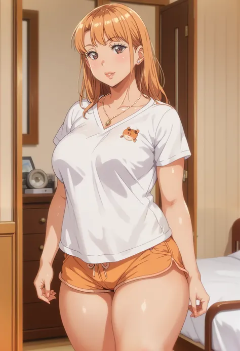 Masterpiece, 8k quality, extremely detailed, Aika sano, ane wa yanmama junyuu-chuu, indoors, orange hair, brown eyes, plump, thick thighs, big breasts, standing, necklace, t-shirt, pajama short shorts