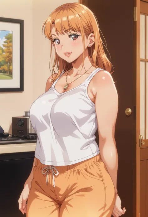 Masterpiece, 8k quality, extremely detailed, Aika sano, ane wa yanmama junyuu-chuu, indoors, orange hair, brown eyes, plump, thick thighs, big breasts, standing, necklace, tank top, pajamas pants