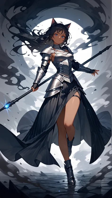 1 catgirl, solo, long black hair, pitch-black mana magic, dark blue eyes, sexy, tan skin, powerful, full body, black knight armor dress, black smoke,