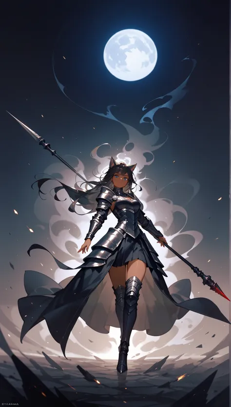 1 catgirl, solo, long black hair, pitch-black mana magic, dark blue eyes, sexy, tan skin, powerful, full body, black knight armor dress, black smoke, bright moon background, spear of darkness