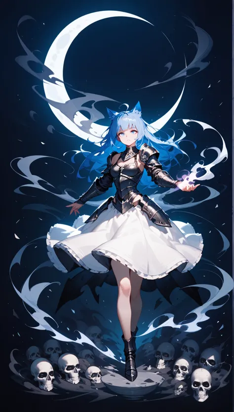 1 catgirl, solo, long blue hair, pitch-black mana magic, sexy, pale white skin, powerful, full body, black knight armor dress, black smoke, bright moon background, necromancer magic, skulls