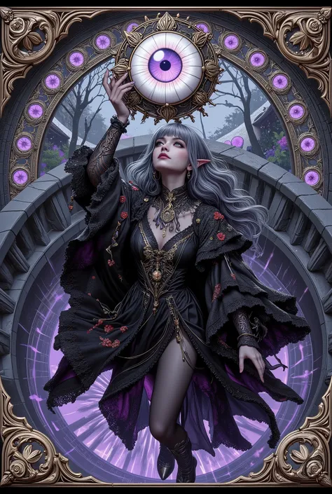((((The dark elven female, Ultra-detailed face, Looking away, Gothic Illustration, Dark tone colors. She has five fingers on her hands and five toes on her feet), Fortune Teller), from above), Alone, 
(She has gray hair, gray eyebrows, blunt bangs, long wa...
