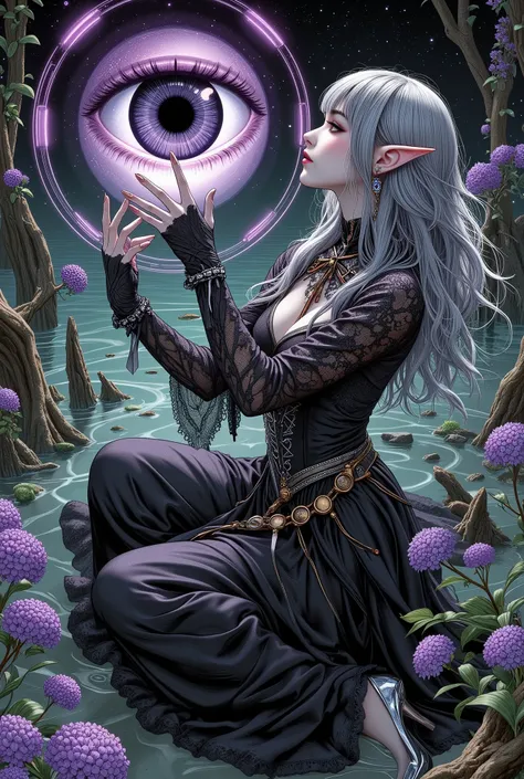 ((((The dark elven female, Ultra-detailed face, Looking away, Gothic Illustration, Dark tone colors. She has five fingers on her hands and five toes on her feet), Fortune Teller), from above), Alone,
(She has gray hair, gray eyebrows, blunt bangs, long wa...