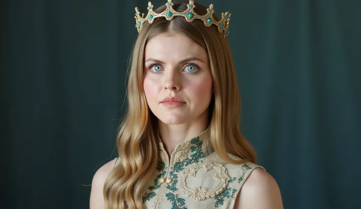 official portrait, full view of a queen, a 30 years old woman, very long blond hair, blue eyes, slim, she wears a futurist cream and blue dress made from a mix of printed circuit board alloy and leather fabric, futurist crown, no background