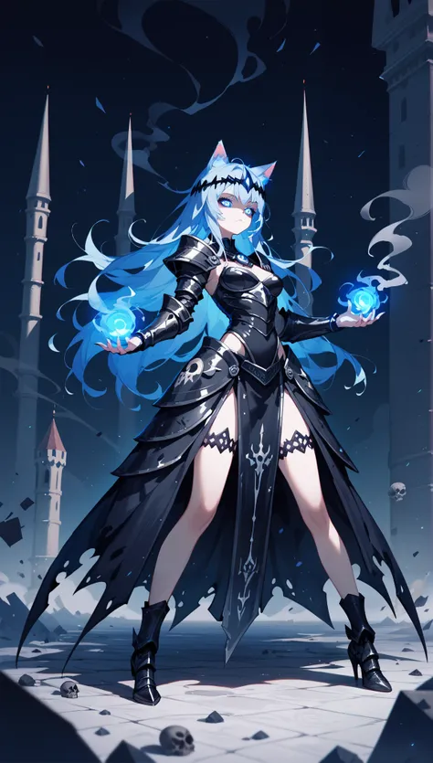 1 catgirl, solo, long blue hair, dark glowing eyes, pitch-black mana magic, sexy, pale white skin, powerful, full body, black knight armor dress, black smoke, black castle background, necromancer magic, a lot of skulls,