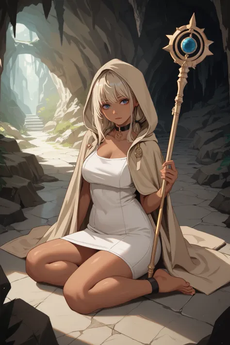 1 girl, long light blond hair, side bangs, dark blue eyes, tanned skin, voluptuous, white silk dress, beige cloak, hooded, choker, cave interior, sitting on floor, staff on floor,