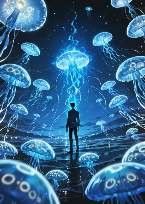The man has an aura, surrounded by blue, with jellyfish
