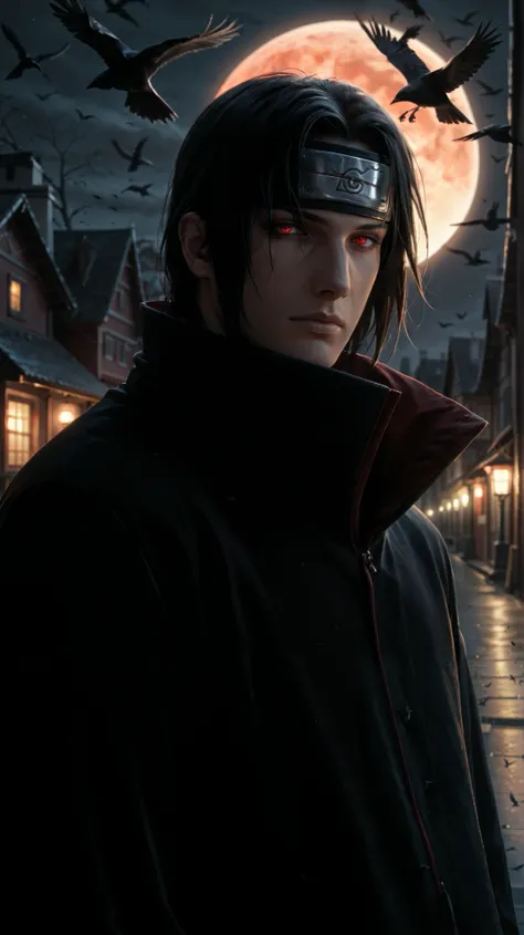 ( review_ questionable:1.2), uchiwa5, black hair, forehead protector, Red Eyes, sharingan, black cover with red details , night , village , red full moon , (1 boy), (male focus), Alone ,crows, American Flat,
