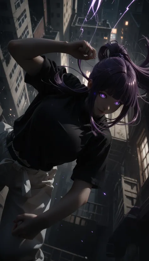 The feminine girl, 1girl, female, fern, long hair, bangs, purple eyes, purple hair, sidelocks, blunt bangs, bright pupils, very big breasts, glowing eyes, wind, retina, wallpaper, white karate sweatpants, tight black T-shirt, confident look, сrazy smile, f...