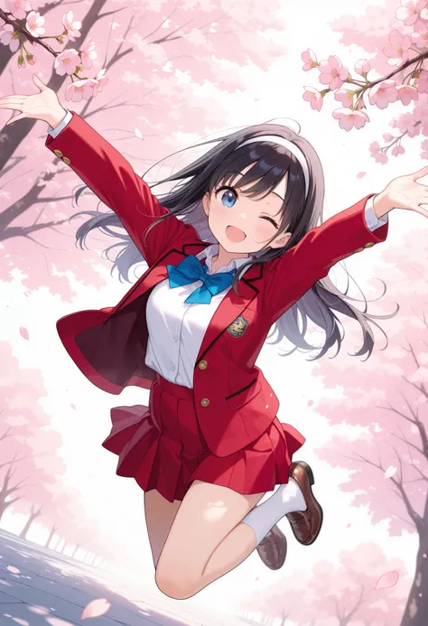 (watercolor:0.4),(pastelcolor:0.4),pastel hues,masterpiece,best quality,high score,great score,absurdres,1girl,alone,white hairband,long hair,school uniform,white shirt,long sleeves,red blazer,red skirt,blue bowtie,Loafer,;d,convenient_arm,jumping,looking_...