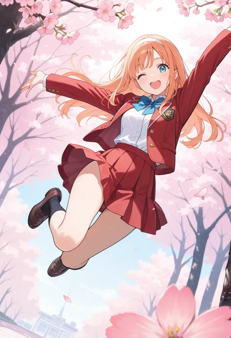 (watercolor:0.4),(pastelcolor:0.4),pastel hues,masterpiece,best quality,high score,great score,absurdres,1girl,alone,white hairband,long hair,school uniform,white shirt,long sleeves,red blazer,red skirt,blue bowtie,Loafer,;d,convenient_arm,jumping,looking_...