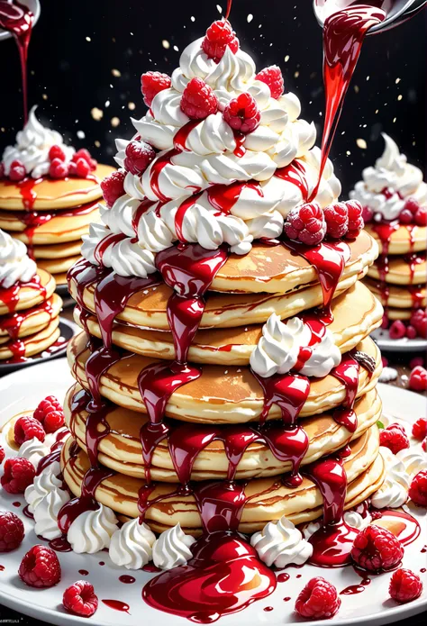 Large, fluffy, pancakes decorated with a mountain of whipped cream and topped with a beautiful raspberry sauce, highly detailed, absolutely resolution, masterpiece