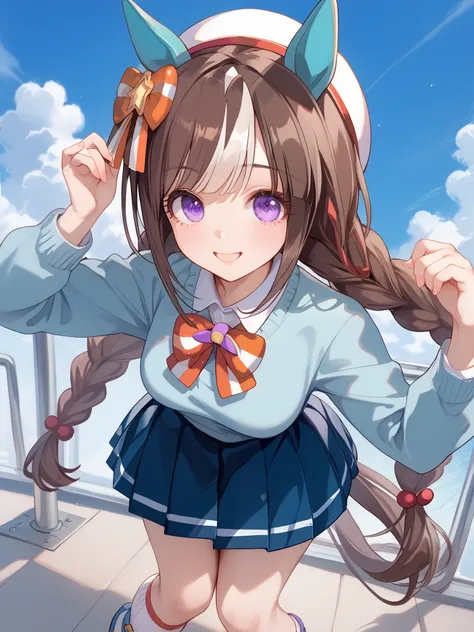 Hokko Tarumae (umamusume), brown hair, two-tone hair, twin long braids, purple eyes, horse girl, horse ears, ear cover, horse tail, white headwear, hair bow, striped bow, white shirt, blue sweater, neck ribbon, ribbon, long sleeves, pleated skirt, blue ski...