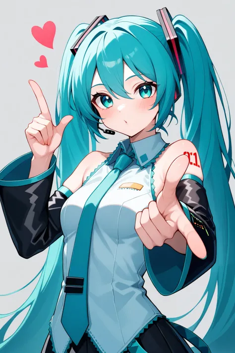 masterpiece, best quality, hatsune miku, blowing kiss,pointing at viewer, finger gun