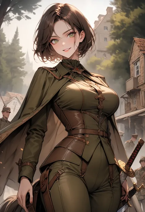 solo focus, female, exceptionally tall, closeup, short hair, extremely tall female, broad shoulders, very large breasts, muscular, slim waist, wide smile, uniform, cape, forest, looking at viewer, cowboy shot, looking down, perfect, best quality, wealthy, ...