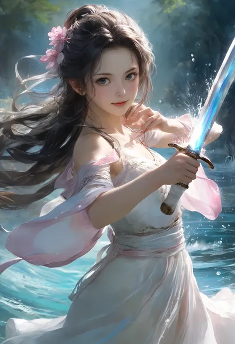 Classic painting, like 18 century drawing, chiaroscuro, (Hoshimi Miyabi from Zenless Zone Zero), gentle beautiful woman, in mystic sakura garden near the lake, messy hair, fighting with a long two-handed sword, no makeup, cute detailed face, beautiful eyes...