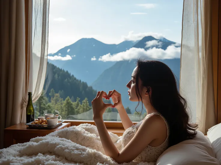 "A woman with long, dark hair sits on a cozy bed near a large window, gazing at a breathtaking mountain view. She wears an elegant white lace dress and forms a heart shape with her hands, framing the peaks in the distance. The room is warmly lit by a bedsi...