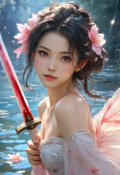 Classic painting, like 18 century drawing, chiaroscuro, (Hoshimi Miyabi from Zenless Zone Zero), gentle beautiful woman, in mystic sakura garden near the lake, messy hair, fighting with a long two-handed sword, no makeup, cute detailed face, beautiful eyes...