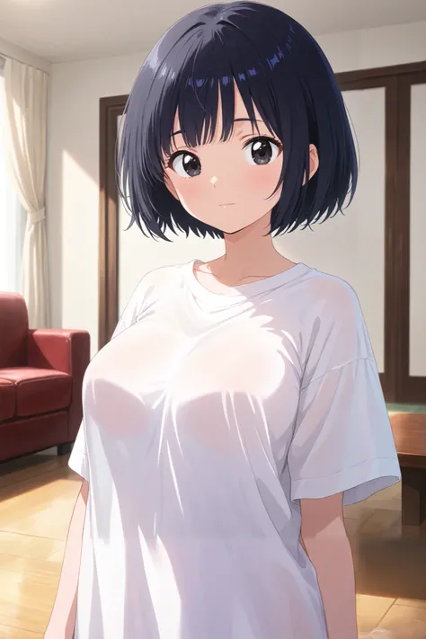 A Anime girl with a beautiful black short hair with bangs, curtain bangs, Black eyes, closed mouth, neutral face, perfect face, Large breasts visible under her white oversized shirt, Living room background background, Old Classic Anime style with bloom, bl...