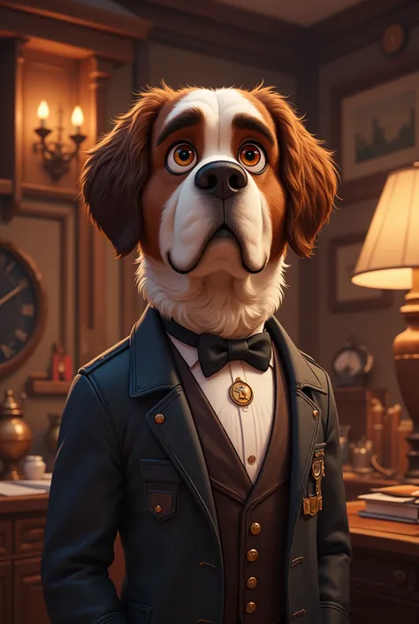 2-D art, cartoon style, old-school Disney, hand drawing, (best quality, masterpiece:1.2), side view, anthropomorphic, a Saint Bernard dog with short hair, wearing english smoking, office clerk, politics, holding a cigar, 1890s style, noire, simple lines, l...