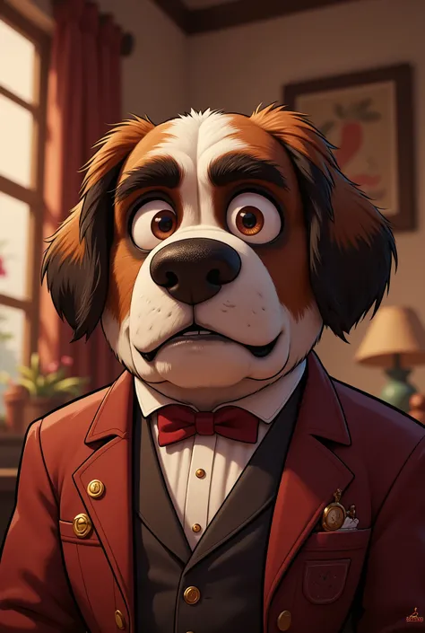 2-D art, cartoon style, old-school Disney, hand drawing, (best quality, masterpiece:1.2), side view, anthropomorphic, a Saint Bernard dog with short hair, wearing english smoking, office clerk, politics, holding a cigar, 1890s style, noire, simple lines, l...