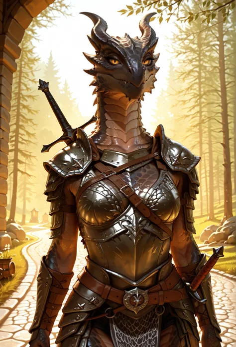 (anthro_dragon,female,high detailed scalie skin), ultra realistic, full growth, detailed facial features, Skyrim, Skyrim steel armor, sword on a back, stone road on a skyrim meadows, seductive expression, aesthetics of the female body, elegant posture, ser...