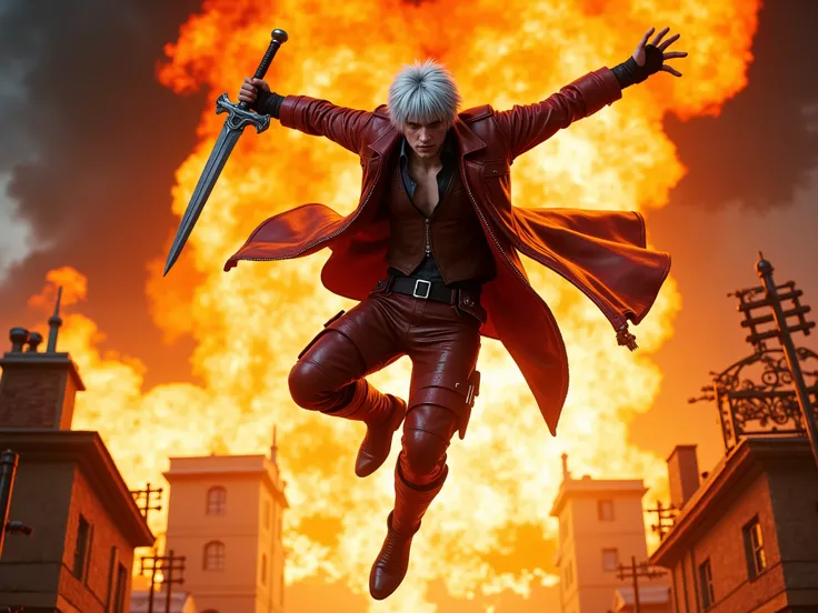 "Dante aus Devil May Cry, in a realistic human look, jumps out of a burning house, that disintegrates in a huge explosion. The pressure wave hurls him towards the camera, as he rotates in the air and holds his iconic weapon Rebellion. The scene is high-res...