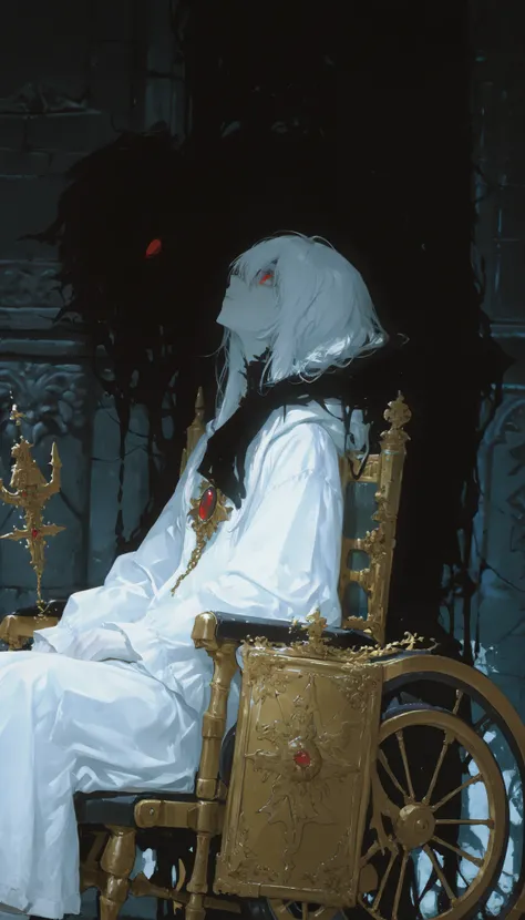 Close up portrait of an albino boy in a wheelchair,a golden magic book floating and shining before his eyes,white hair,beautiful and perfect face,natural beauty,red eyes,dead shadow behind,clutching the chair and close to his shoulder,black shadow of death...