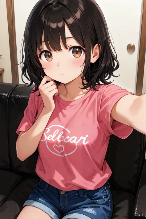 American girl, short wavy black hair, light brown eyes, pink t-shirt, jeans shorts, sit, selfie