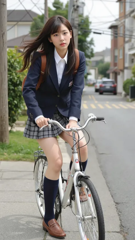 A photorealistic image of a Japanese high school girl riding her bicycle on a sidewalk in a residential neighborhood in Japan. She has long black hair flowing in the wind as she rides. She is wearing a school uniform consisting of a white shirt, a navy blu...