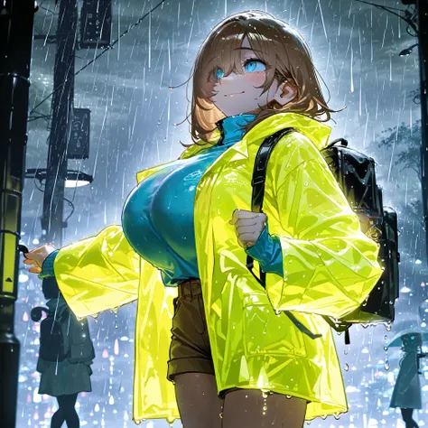 1girl, cute innocent girl, huge breasts, small hips, wearing a blue sweater and dull yellow rain coat, brown kakhi shorts, blue eyes, brown medium length hair, backpack she is walking across a college campus, (aquiline nose), eyes visible through hair, so...